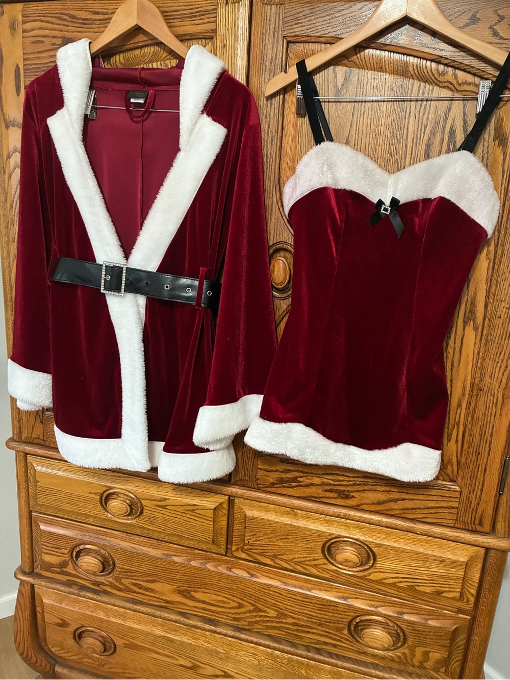 Women's Red Velvet Holiday Corset Top & Jacket Set with White Trim
